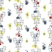 Seamless pattern with champagne glasses snowflakes, colorful spots and dots on white background vector