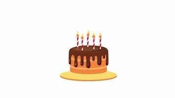 Birthday cake lit candles 2D object animation. Happy birthday dessert jumping flat cartoon 4K video, transparent alpha channel. Celebration. Chocolate cake animated element on white background video