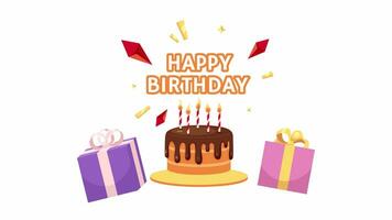 Happy birthday cartoon greeting card animation. Candles birthday cake 4K video motion graphic. Surprise party. Gifts presents colorful holiday postcard animated flat 2D ecard, white background