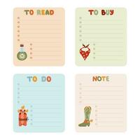 Cute hand drawn set with notebook templates for to do, to buy list, note with cowboy and western illustrations. Printable, editable diary elements for weekly planner, bullet journal, school schedule. vector