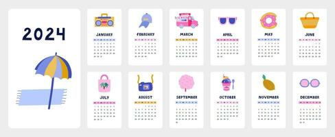 Cute calendar template for 2024 year with tropical summer illustrations. Calendar grid with weeks starts on Monday for kids nursery or corporate design. Vertical monthly calender layout for planning. vector