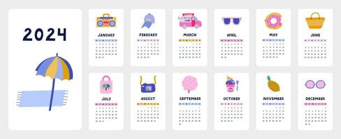 Cute calendar template for 2024 year with tropical summer illustrations. Calendar grid with weeks starts on Monday for kids nursery or corporate design. Vertical monthly calender layout for planning. vector