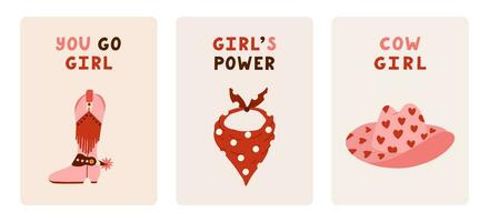 Set of cute greeting cards about girl power, feminism, cowgirl. Poster with hand drawn illustration in wild west and cowboy theme. Postcard template with motivational lettering about women vector