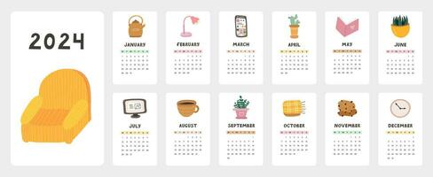 Cute calendar template for 2024 year with cozy scandinavian illustrations. Calendar grid with weeks starts on Monday for kids nursery, corporate office. Vertical monthly calender layout for planning. vector