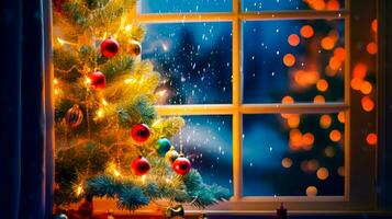 Christmas tree in front of window with snow falling down on it. Generative AI photo