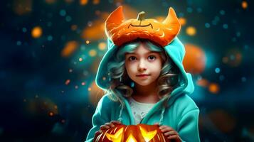 Little girl holding pumpkin with cat on it's head. Generative AI photo