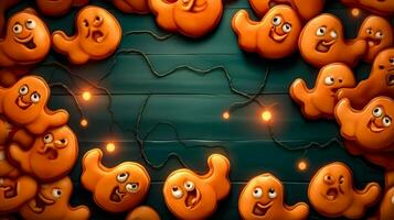 Group of orange pumpkins with eyes and mouths on wooden surface. Generative AI photo