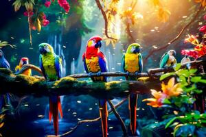 Group of colorful parrots sitting on branch in front of forest. Generative AI photo