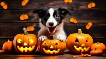 Black and white dog sitting next to three pumpkins with faces carved into them. Generative AI photo