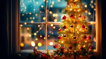 Decorated christmas tree in front of window with view of the outside. Generative AI photo