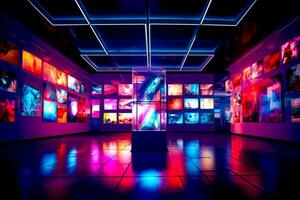 Brightly lit room with lot of colorful lights on the walls and floor. Generative AI photo