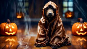 Dog dressed in raincoat sitting on the floor in front of fire. Generative AI photo