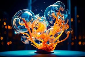 Glass sculpture of bunch of bubbles on top of blue table. Generative AI photo