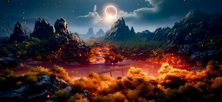 Painting of landscape with mountains, trees, and moon in the sky. Generative AI photo