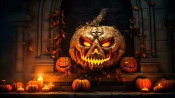 Carved pumpkin with glowing eyes surrounded by pumpkins with candles in front of it. Generative AI photo