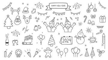 big set happy new year and merry christmas collection, happy new year and merry chrristmas outline style collection, doodle elements vector