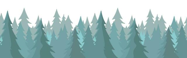 Forest panorama view. Pine tree landscape vector illustration. Spruce silhouette. Banner background. Fog evergreen coniferous trees.