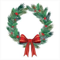 Christmas wreath with red bow. Wreath of pine branches with holly berries. Isolated on white background. Happy New Year seasonal card design vector