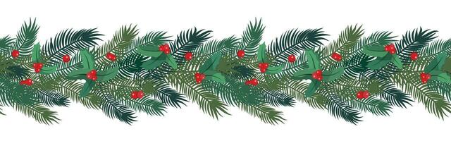 Winter holiday seamless border. Christmas tree branches with holly berries. Isolated on white background. Happy New Year banner design. vector