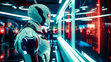 Man in futuristic suit standing in front of window with neon lights. Generative AI photo