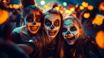 Tres muchachas con pintado caras actitud para foto a Víspera de Todos los Santos fiesta en el oscuro. generativo ai