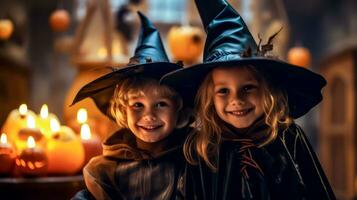Two children dressed up in witches hats and holding lit candle in front of fireplace. Generative AI photo