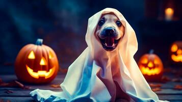 Dog is dressed up as ghost with pumpkin in the background. Generative AI photo