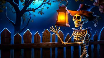 Skeleton sitting on fence with lantern in it's hand. Generative AI photo