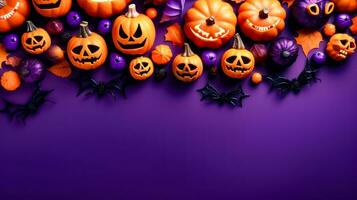 Purple background with pumpkins, bats, and spider webs on it. Generative AI photo