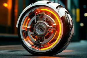 Close up of motorcycle wheel with light on the side of it. Generative AI photo