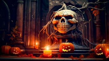 Halloween scene with pumpkin and jack - o'- lantern. Generative AI photo