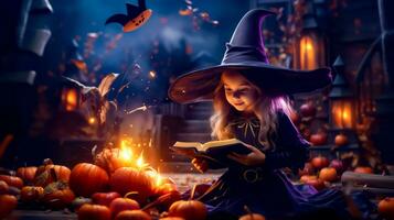 pequeño niña vestido como bruja leyendo libro en frente de pila de calabazas generativo ai foto