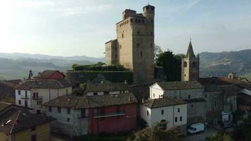 360 degree video in 4k of the castle of Serralunga d'Alba, in the heart of the Piedmontese Langhe near Alba in the autumn period of truffles and wine