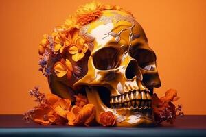 ai generado antiguo anatomía cabeza flores cráneo hueso Clásico esqueleto muerto cara gótico decoración todavía negro de miedo vida antecedentes muerte oscuro humano Víspera de Todos los Santos horror concepto foto