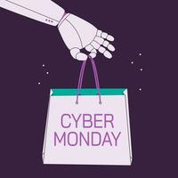 Cyber Monday. The hand of the robot or cyber hand holds a gift bag with the inscription. Vector banner.