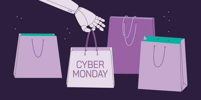 Cyber Monday. The hand of the robot or cyber hand holds a gift bag with the inscription. Vector banner.