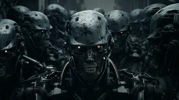 ai generado concepto inteligencia máquina futuro Ejército cyborg ilustración metal automatización futurista androide cara ficción militar cabeza Ciencias digital robot tecnología soldado fantasía foto