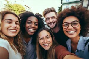 AI Generated Outdoors portrait women cheerful happy group smiling laughing young friendship selfie friends lifestyle fun people photo