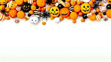 Pile of halloween decorations on top of white table with white background. Generative AI photo