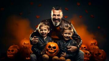 hombre y dos niños con Jack - o'- linterna calabaza. generativo ai foto