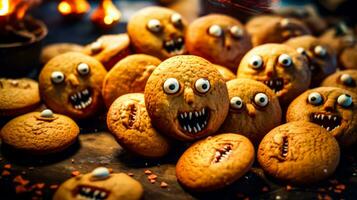 Pile of cookies with eyes and mouths on top of table with other cookies. Generative AI photo