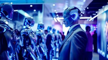 Man in suit is standing in front of group of robots. Generative AI photo