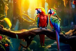 Two colorful parrots sitting on tree branch in tropical forest at sunset. Generative AI photo