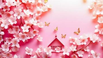 Pink background with white flowers and house with butterfly on it. Generative AI photo