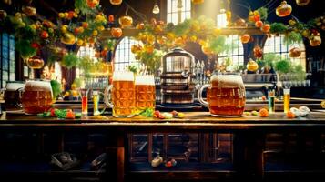 Two mugs of beer sitting on top of table next to potted plant. Generative AI photo