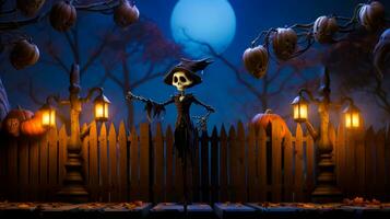 Skeleton dressed as witch standing in front of fence with lanterns. Generative AI photo