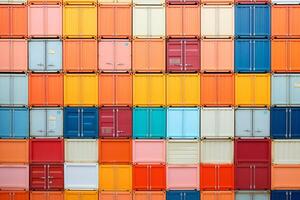 AI Generated Transportation industrial modern logistic colorful harbor shipping green design port background red cargo yellow building architecture blue container storage art stack photo