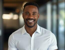 AI Generated Man happy handsome face american business confidence businessman guy young fashion stylish male african person casual adult beard portrait look black attractive positive smile photo