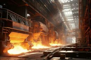 AI Generated Heat metallurgy hot metallic red smelting plant industrial casting manufacture production heavy furnace fire steel molten iron metallurgical factory foundry photo