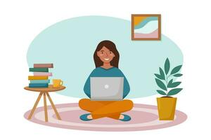 Girl with laptop at home vector